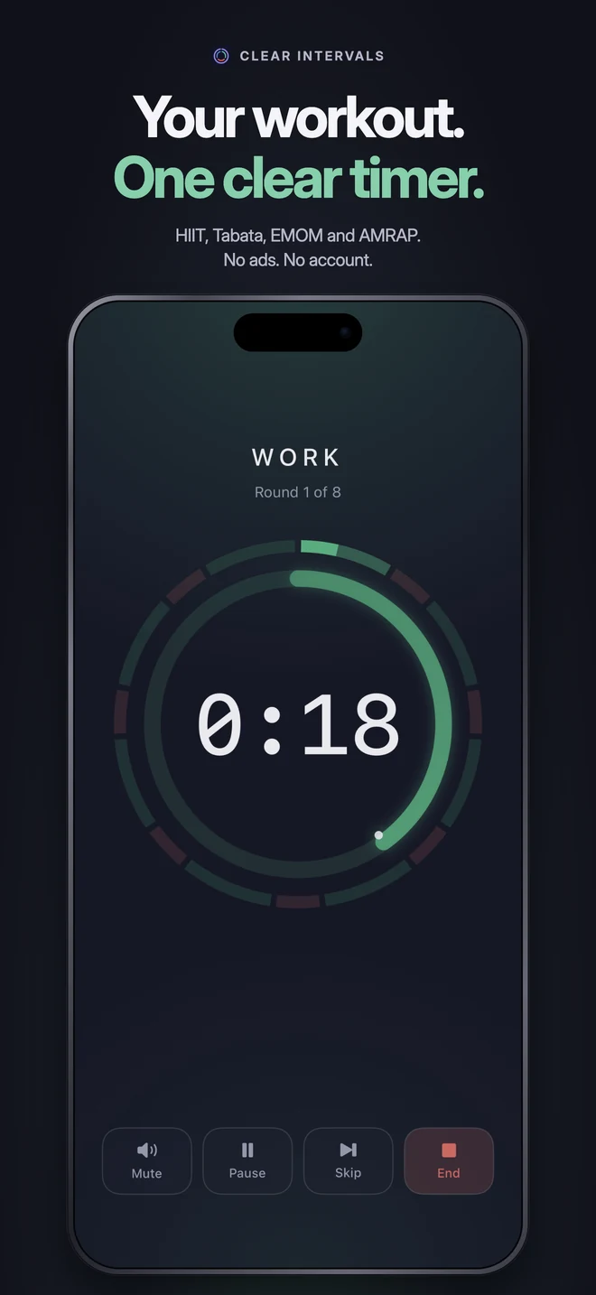 Your workout. One clear timer. Clear Intervals showing the work phase and countdown.