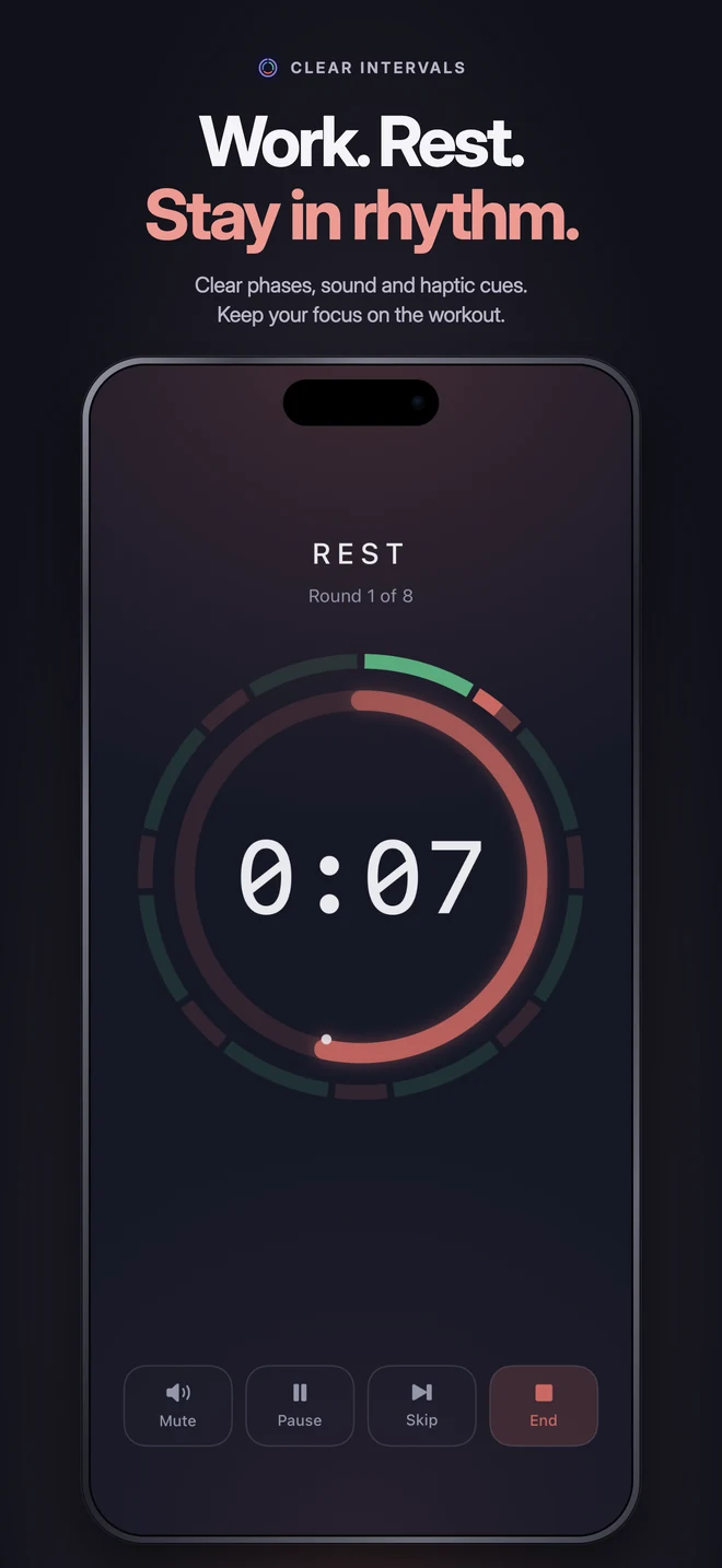 Work. Rest. Stay in rhythm. Clear Intervals showing the rest phase between rounds.