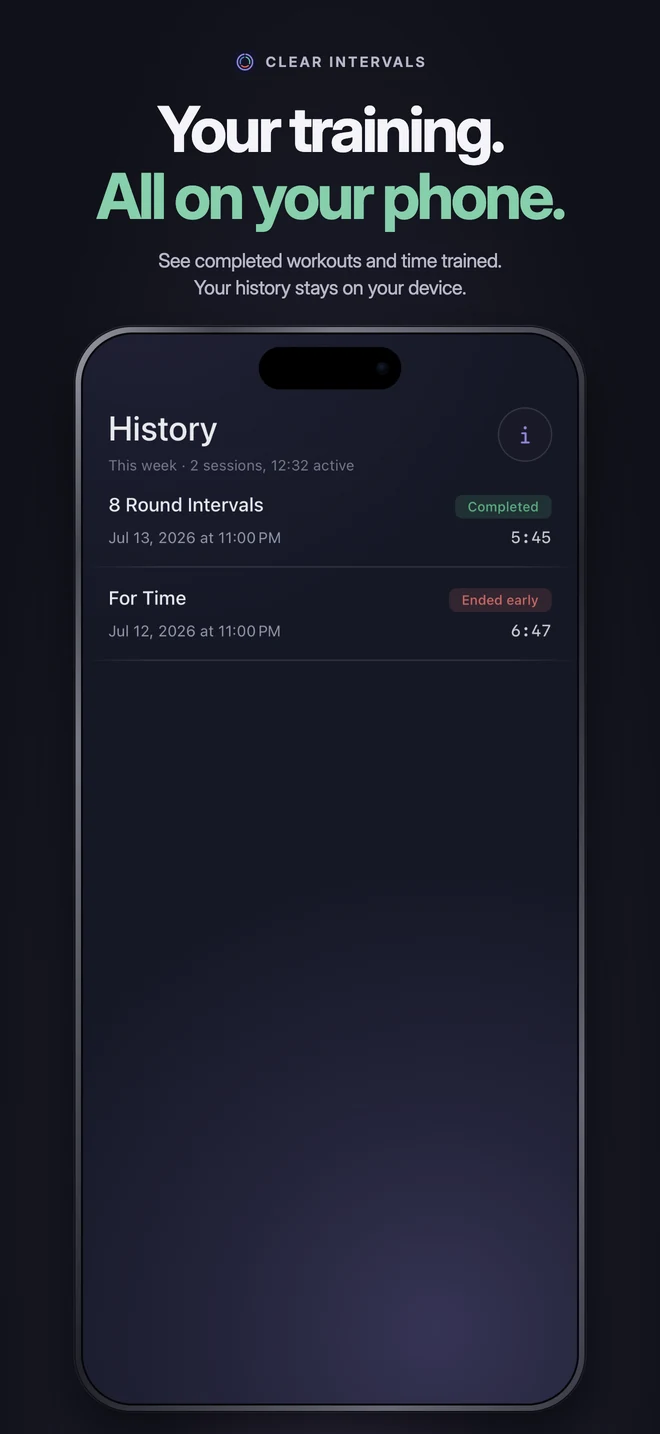 Your training. All on your phone. Clear Intervals showing workout history stored on the device.