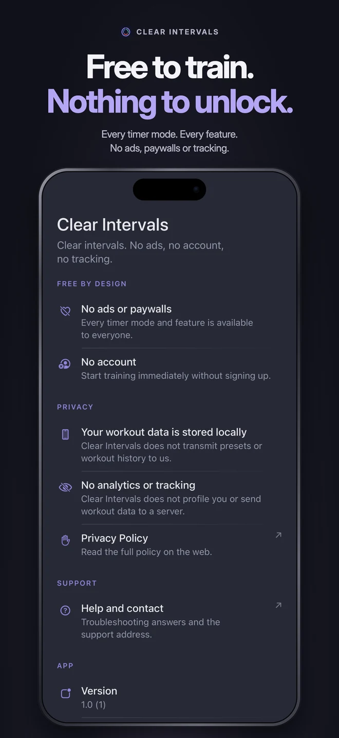 Free to train. Nothing to unlock. Clear Intervals explaining its free features and local data.