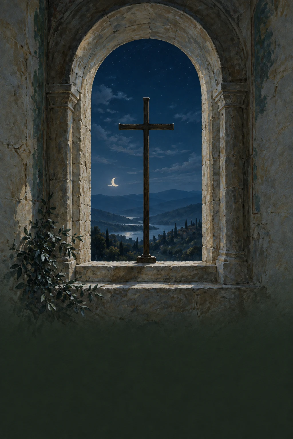 A simple cross in a stone chapel window, overlooking quiet hills in moonlight.