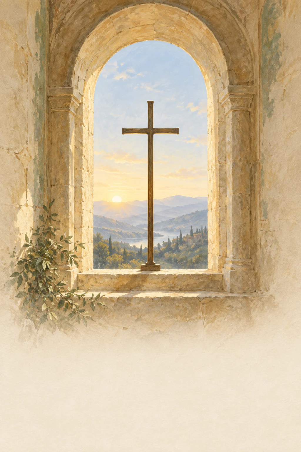 A simple cross in a stone chapel window, overlooking quiet hills at sunrise.
