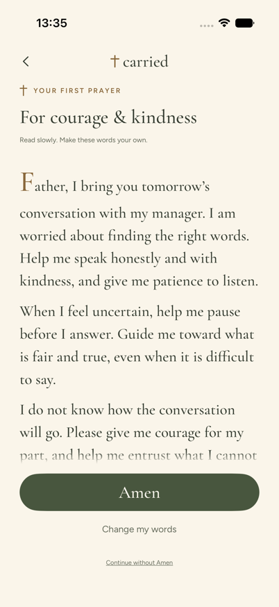 The beginning of an example Christian prayer in Carried, based on the fictional reflection about a difficult conversation.