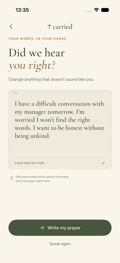 Carried’s review screen, with an editable fictional reflection about a difficult conversation and a Write my prayer button.