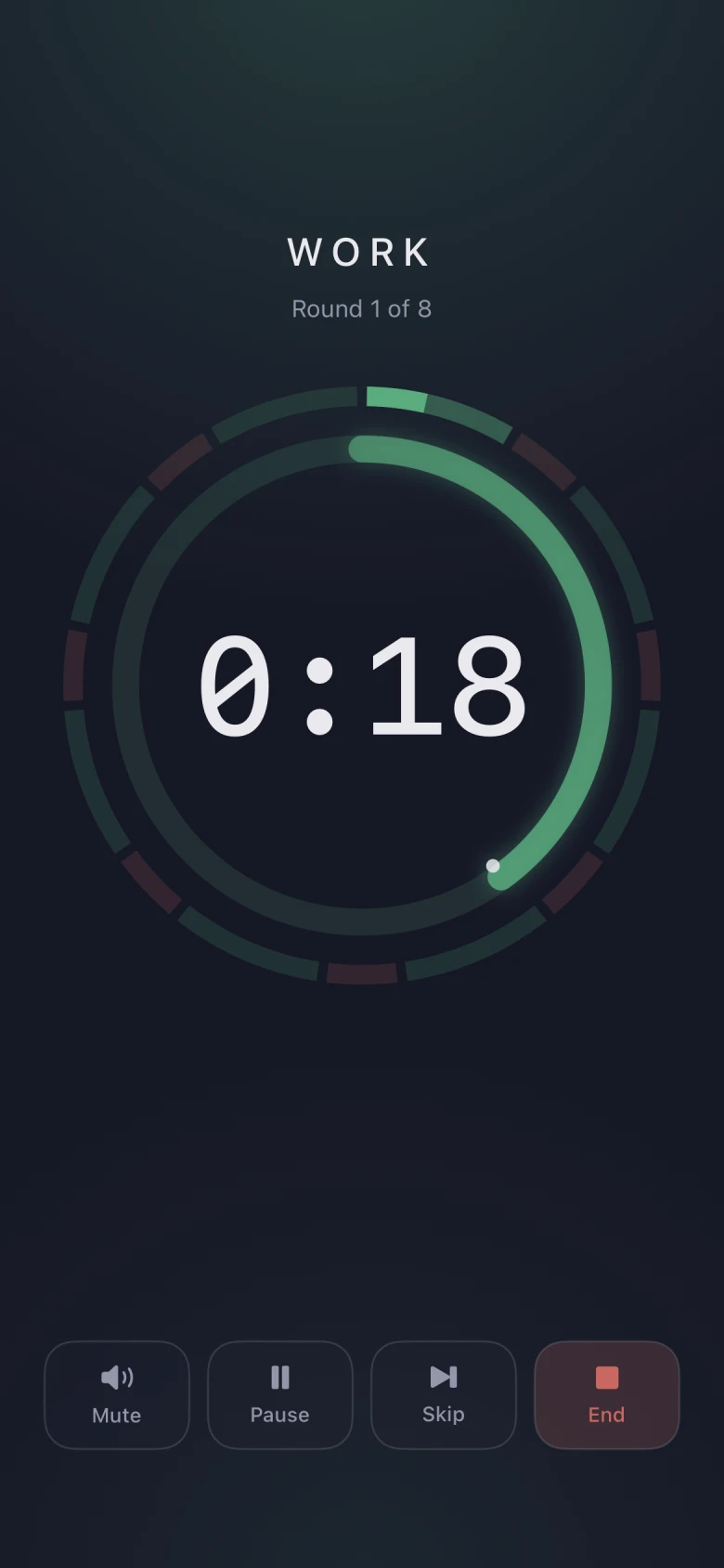 Clear Intervals work phase: round 1 of 8, 18 seconds remaining, with phase rings and pause, skip and end controls.