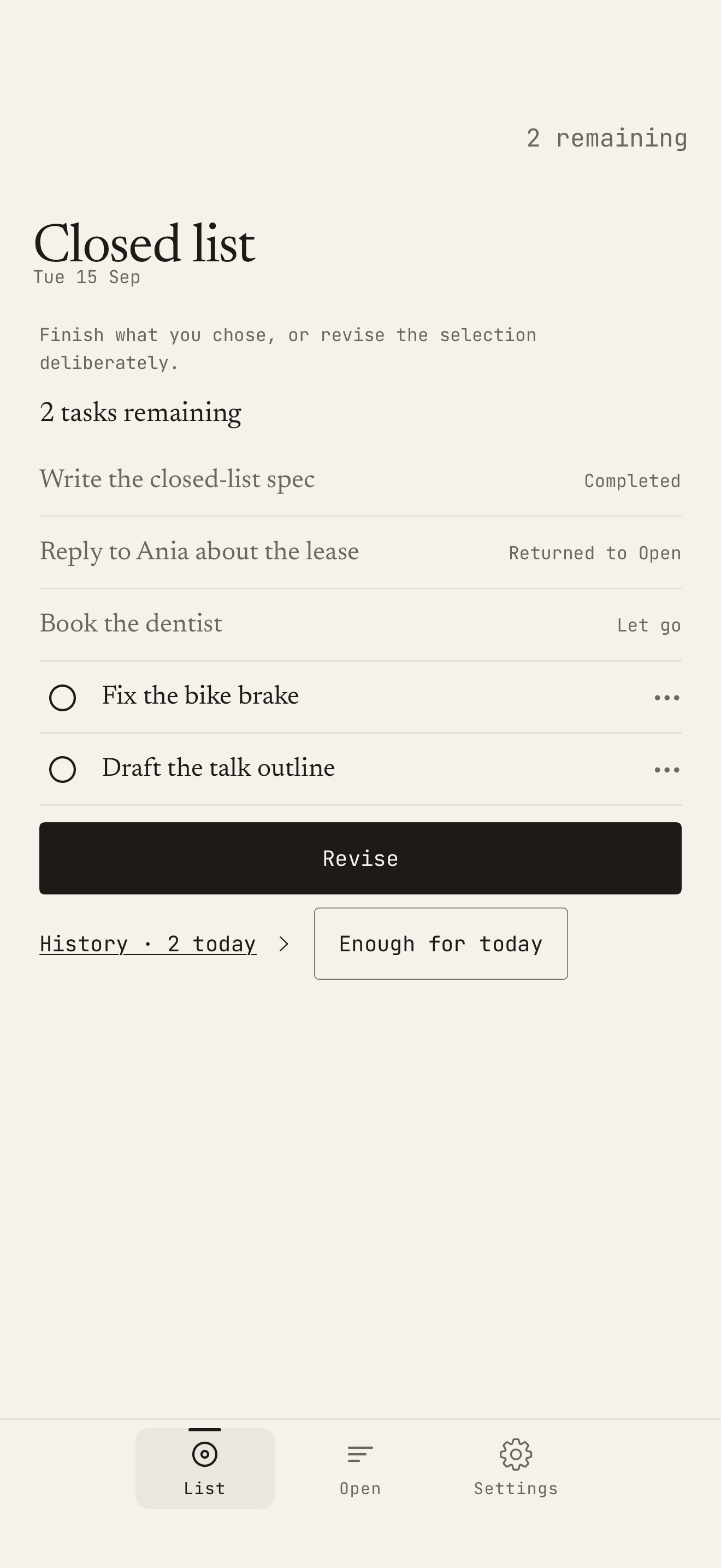 A closed list reading 2 remaining: three resolved rows marked Completed, Returned to Open and Let go, two tasks still to do, and a Revise button.