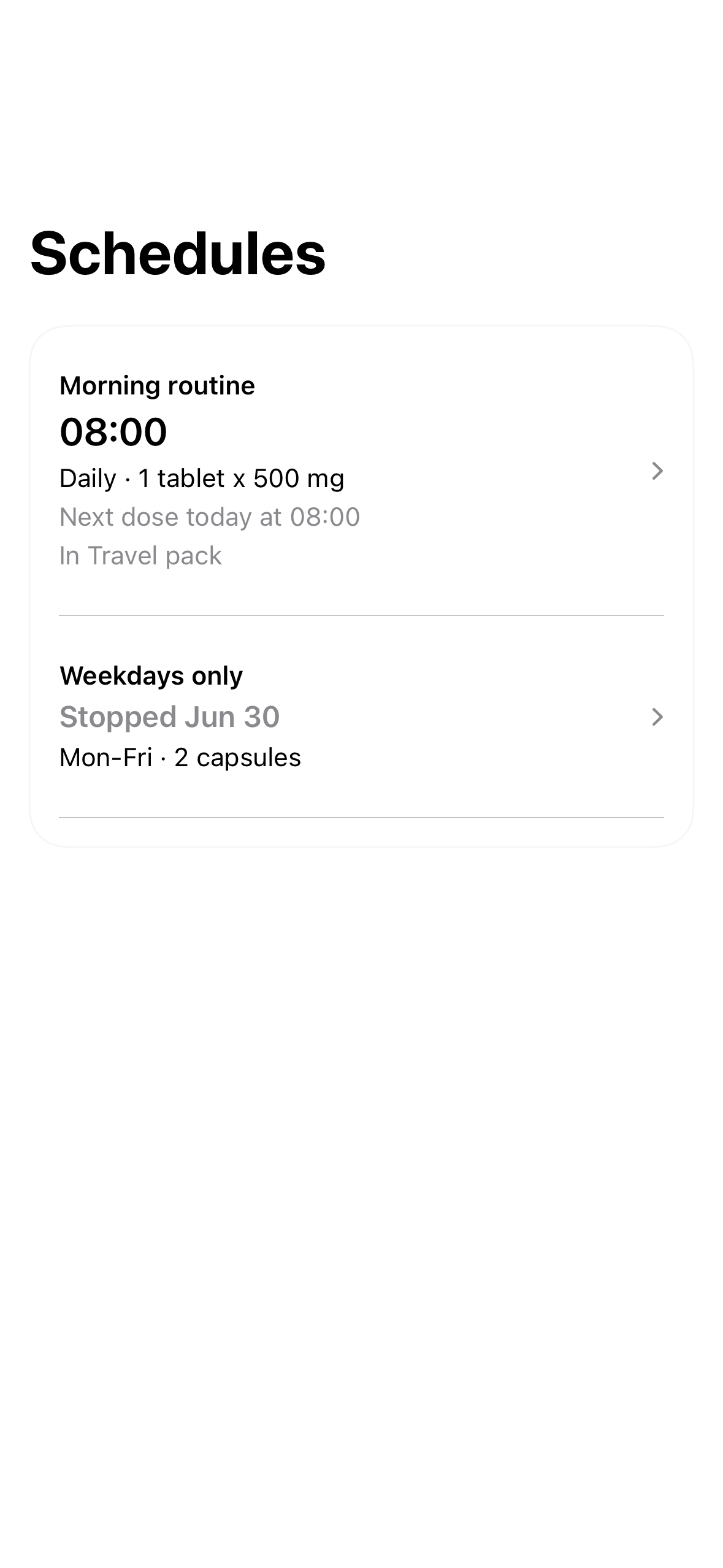 Schedule excerpt: Morning routine at 08:00, repeating daily and linked to Travel pack.