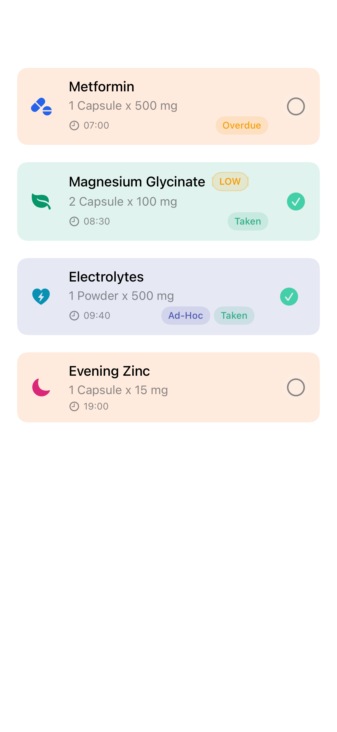 Example Today entries: Metformin marked overdue at 07:00, and Magnesium Glycinate recorded as taken at 08:30.