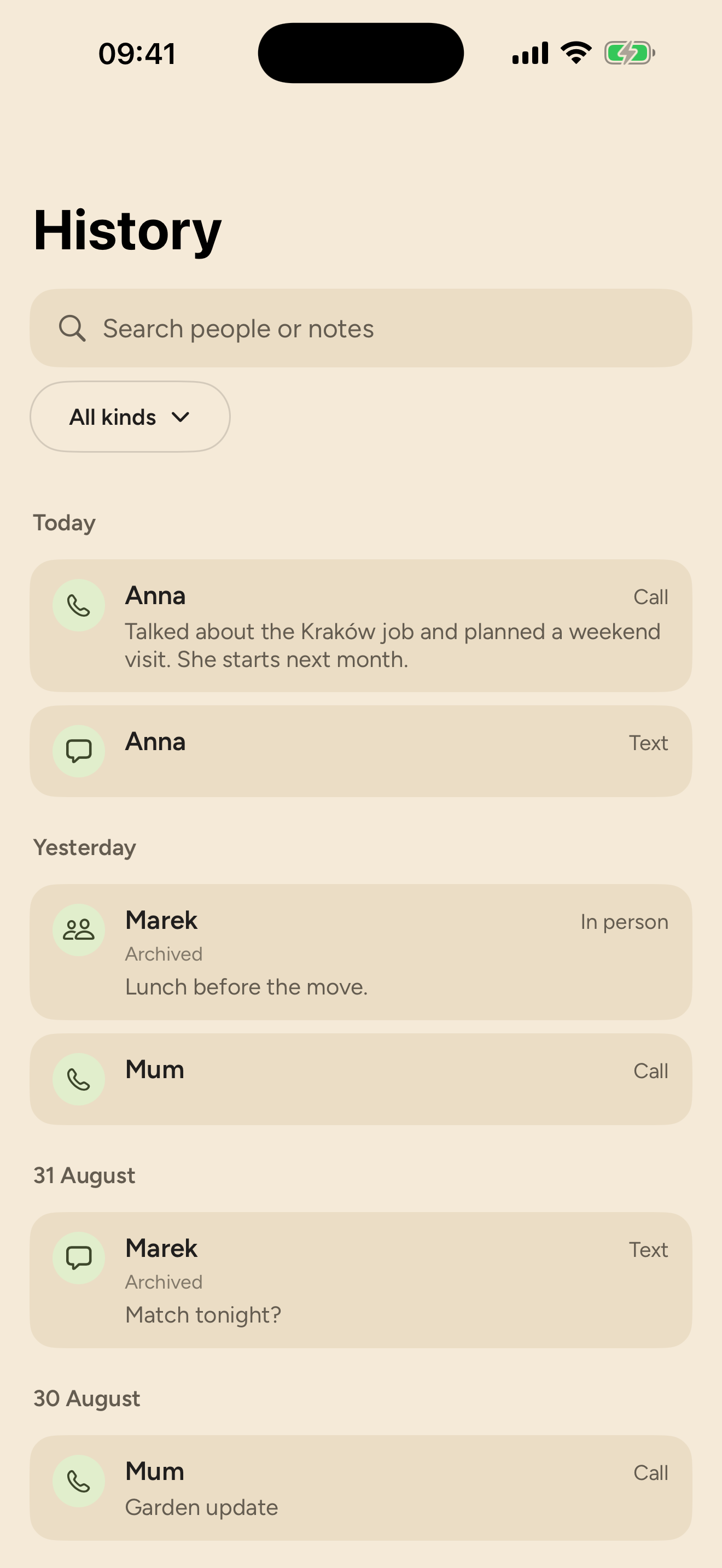 History in InTouch 1.1, with a search field, Text, Call and In person filters, and logged interactions grouped by date.