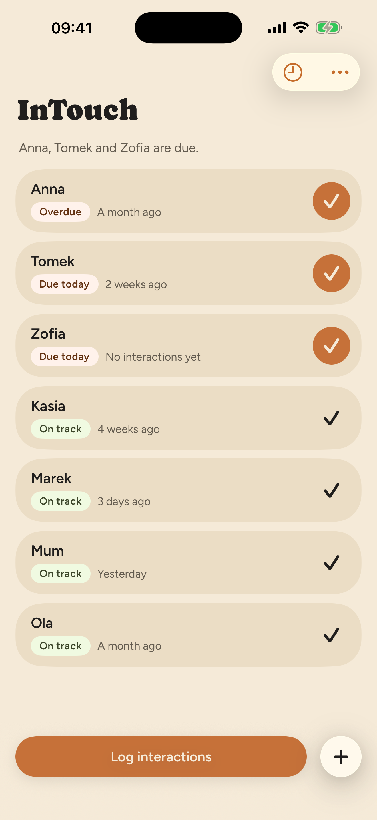InTouch People screen showing who is due for a catch-up and a check button to log each interaction.