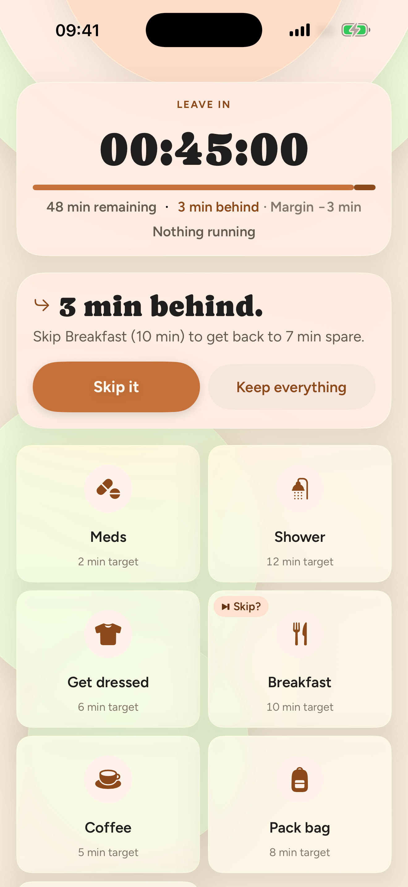 Example Board, three minutes behind. A suggestion says skipping Breakfast, marked droppable in this example, would leave seven minutes spare. The choices are Skip it or Keep everything. Neither is selected.