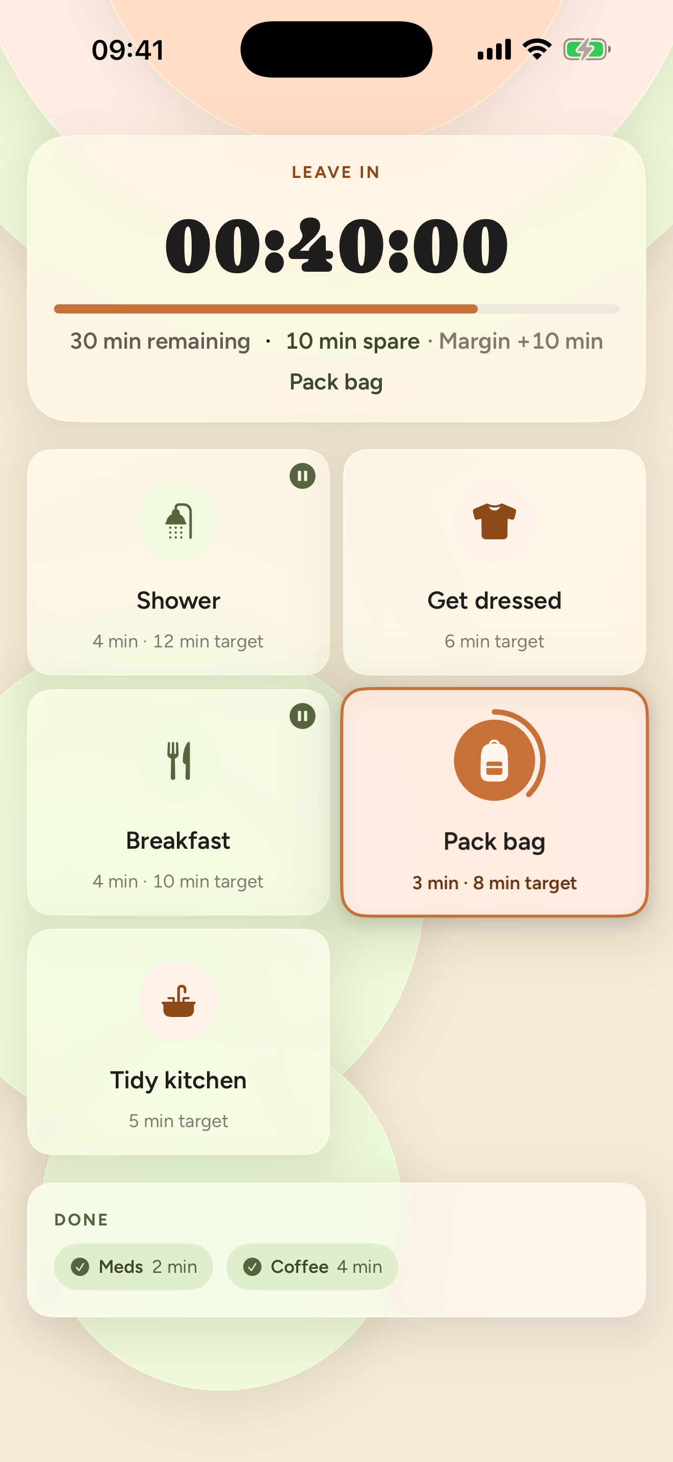 Example Morning Board: 40 minutes until leaving, 30 minutes of steps remaining, 10 minutes spare. Pack bag is running.