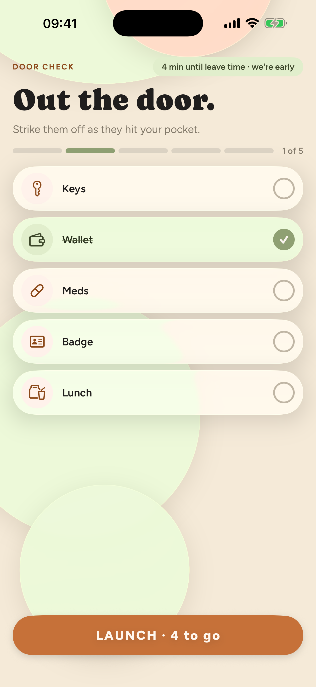 Example Door Check with Keys, Wallet, Meds, Badge and Lunch. Wallet is checked off; four items remain before the user records departure.