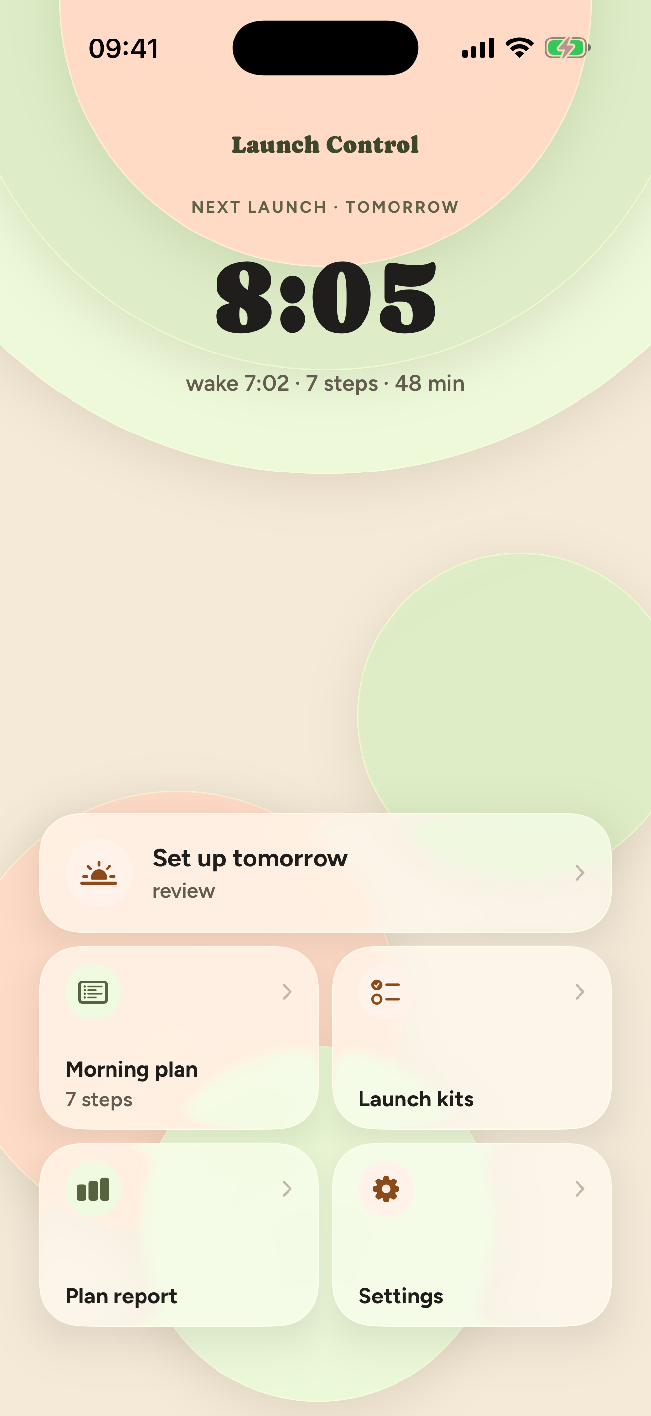 Example Launch Control Home: leave at 8:05, wake at 7:02, with seven Morning Steps totaling 48 minutes.
